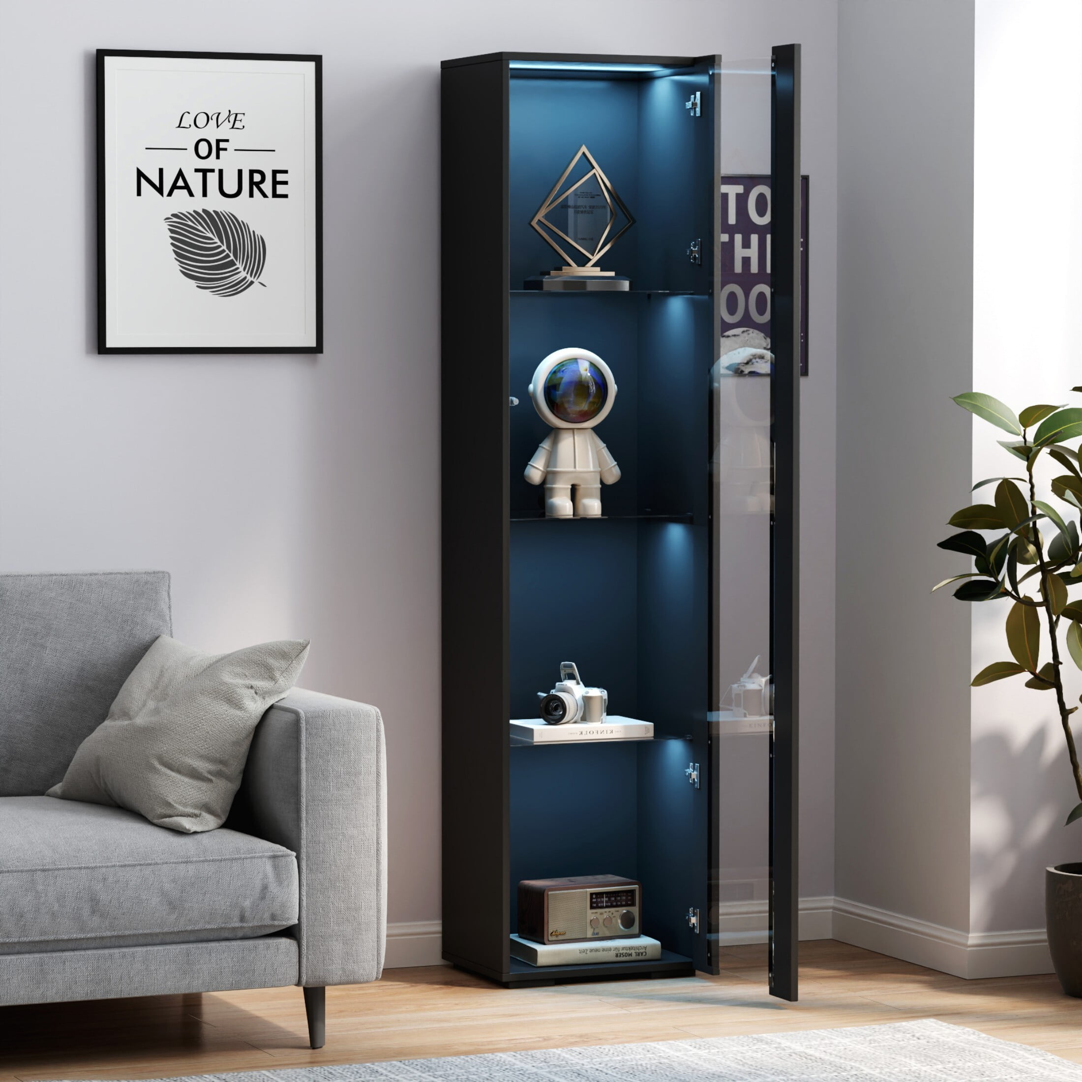 DEALTOPS Modern Display Cabinet with LED Lights, Lighted Glass Curio Cabinet with Glass Shelves, Black