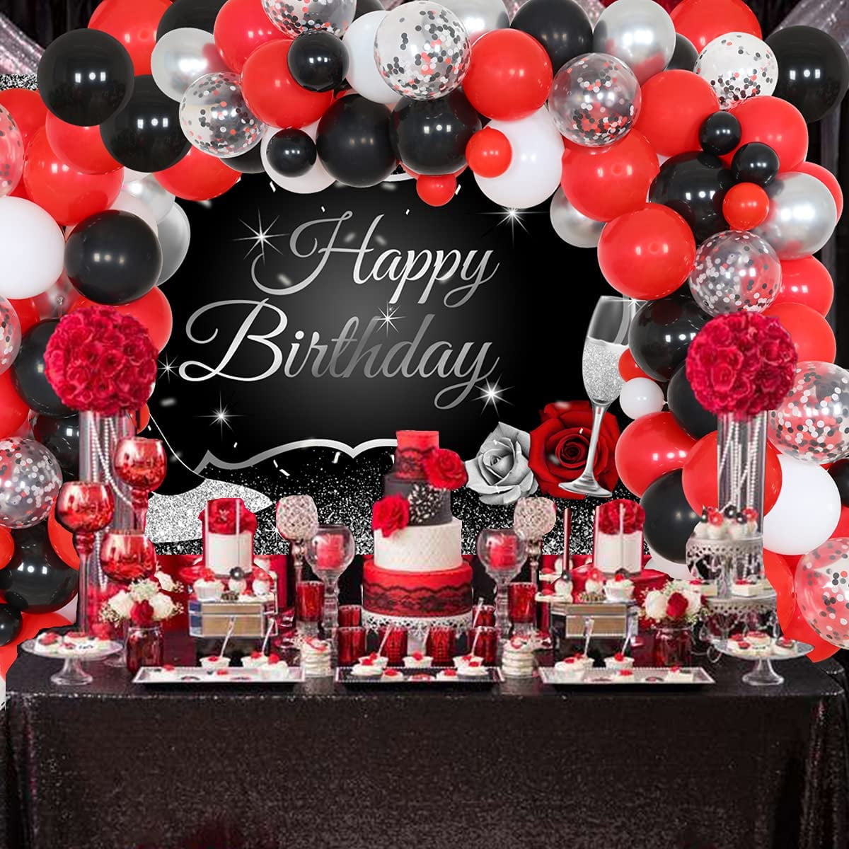 Black gold and red | Red birthday party, Black party decorations,  Masquerade party decorations