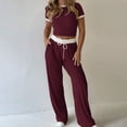 thumbnail image 2 of Dagugfen Athletic Sets for Women 2 Piece Color Blocked Short Sleeve Crew Neck Crop Tops Elastic Waist Drawstring Full Length Pants with Pockets Outdoor Activewear Sets(XL,Wine), 2 of 5