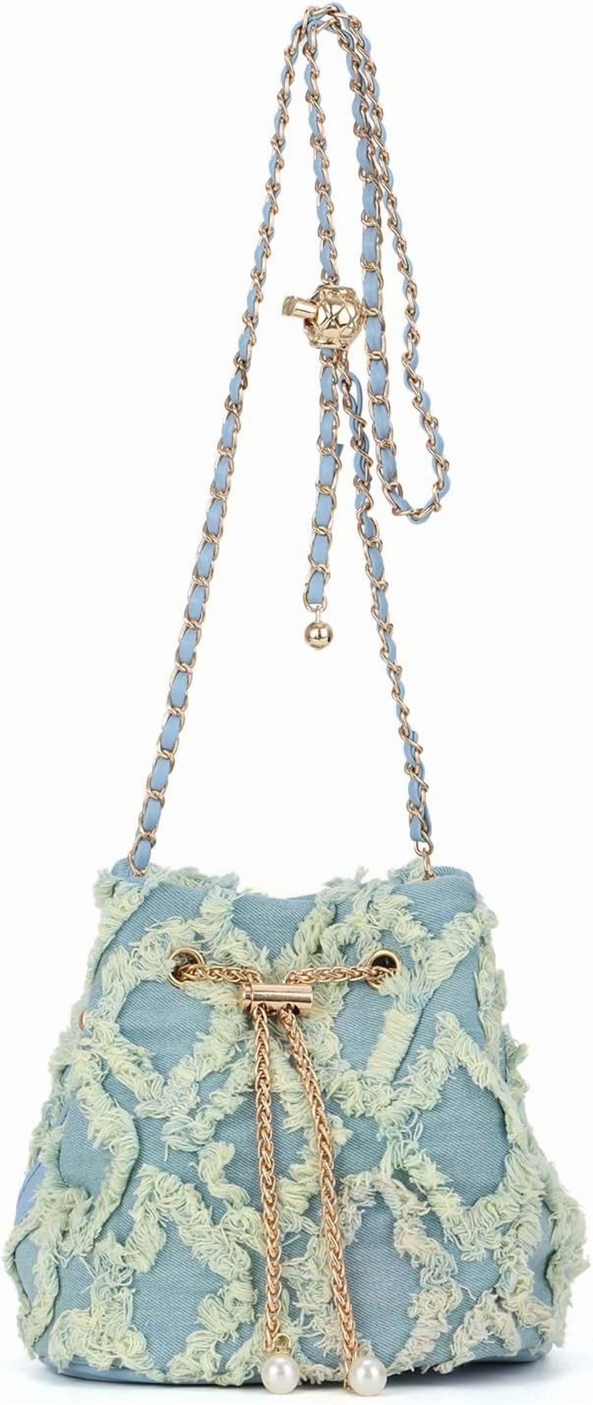 Denim Bucket Bag for Women Trendy Jean Purse Drawstring Crossbody Shoulder Bag Hobo Bag