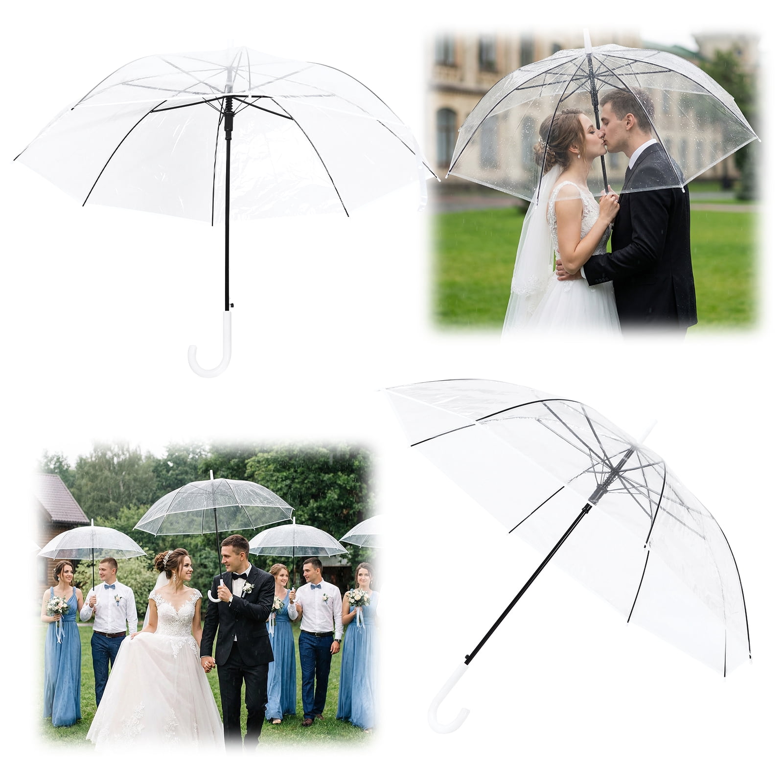 Qiyester 32-Pack Wedding Stick Umbrellas with J Hook Handle Auto Open Clear Umbrellas Bulk for Wedding Bride Groom Photography Golf Outdoor