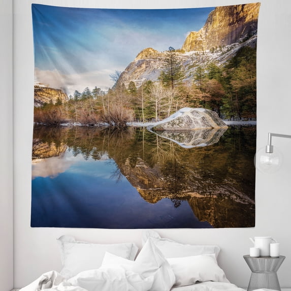Nature Tapestry, Yosemite Mirror Lake and Mountain Reflection on Water Sunset Evening View Picture, Fabric Wall Hanging Decor for Bedroom Living Room Dorm, 5 Sizes, Navy Brown, by Ambesonne