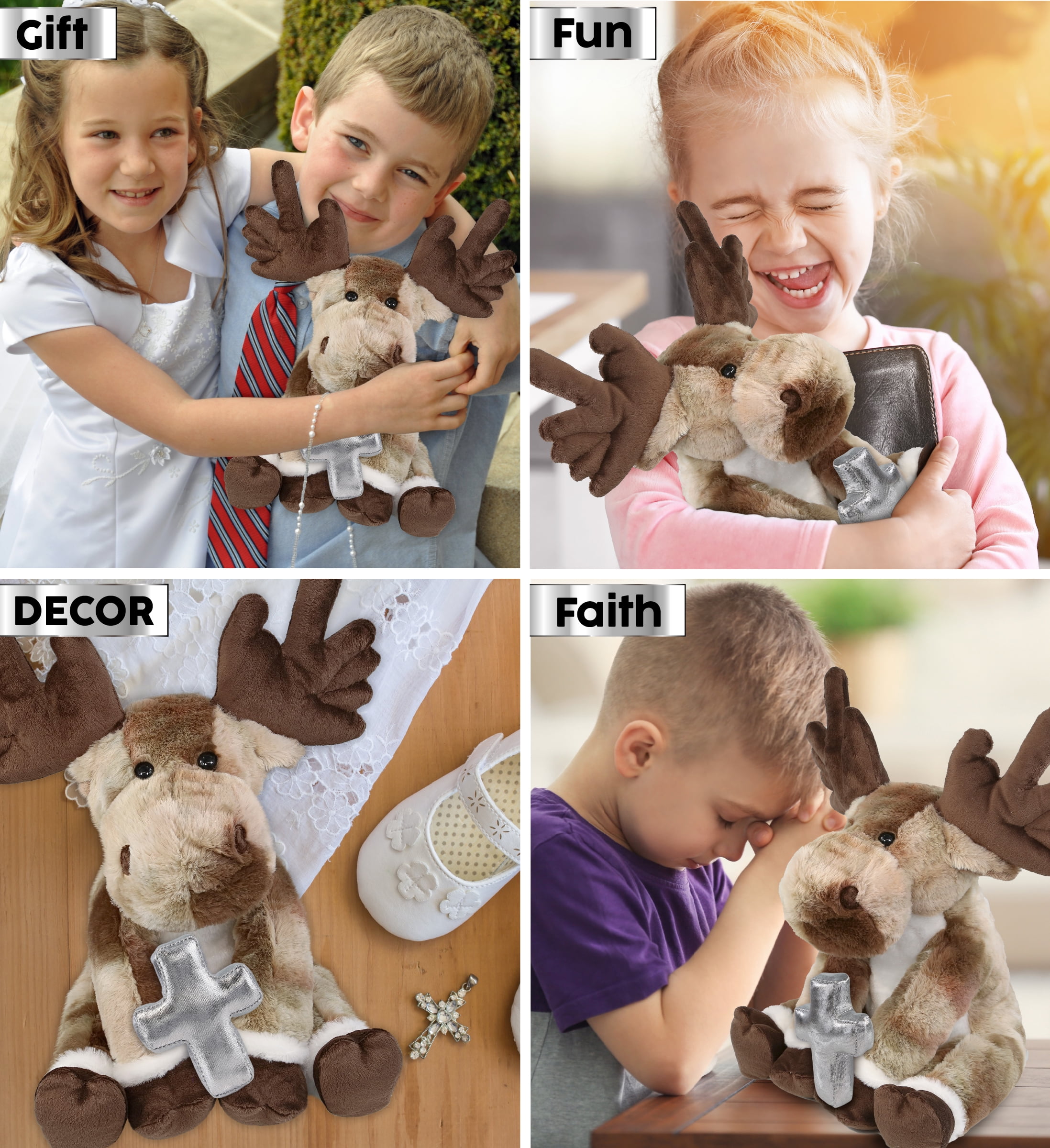 DolliBu Forest Floppy Moose Stuffed Animal with Silver Cross Plush - Religious Baptism Gifts for Boys and Girls, Dedication Christening Gifts Plush Prayer Toy Healing Stuffed Animal - 10.5 Inches