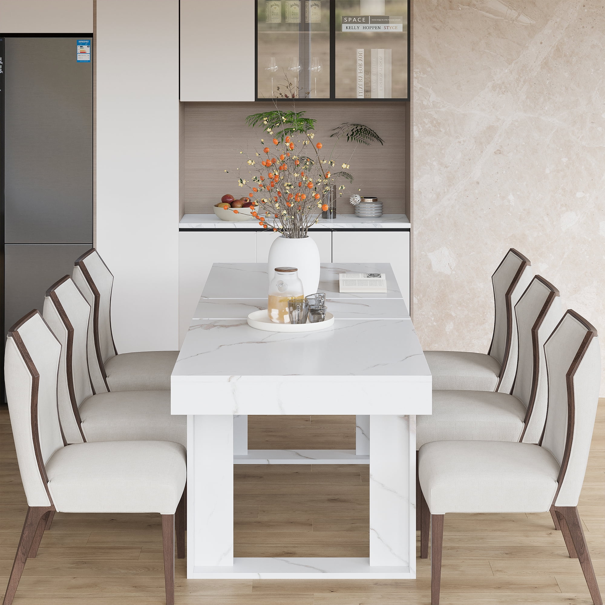 Coewske 70.9''-86.6'' Wooden Extendable Dining Table Kitchen Expanding Table w/Faux Marble Tabletop White
