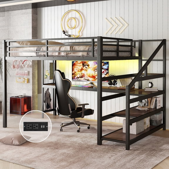 Bellemave Queen Size Loft Bed with Desk and Stairs, Heavy Duty Gaming Loft Bed Frame with LED Lights and USB Ports, High Metal Loft Bed with Storage Shelves and Iron Nets,Black Wood
