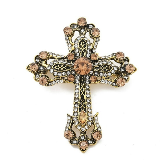 4 pc Cross Alloy Rhinestone Brooches Antique Golden 61x49mm