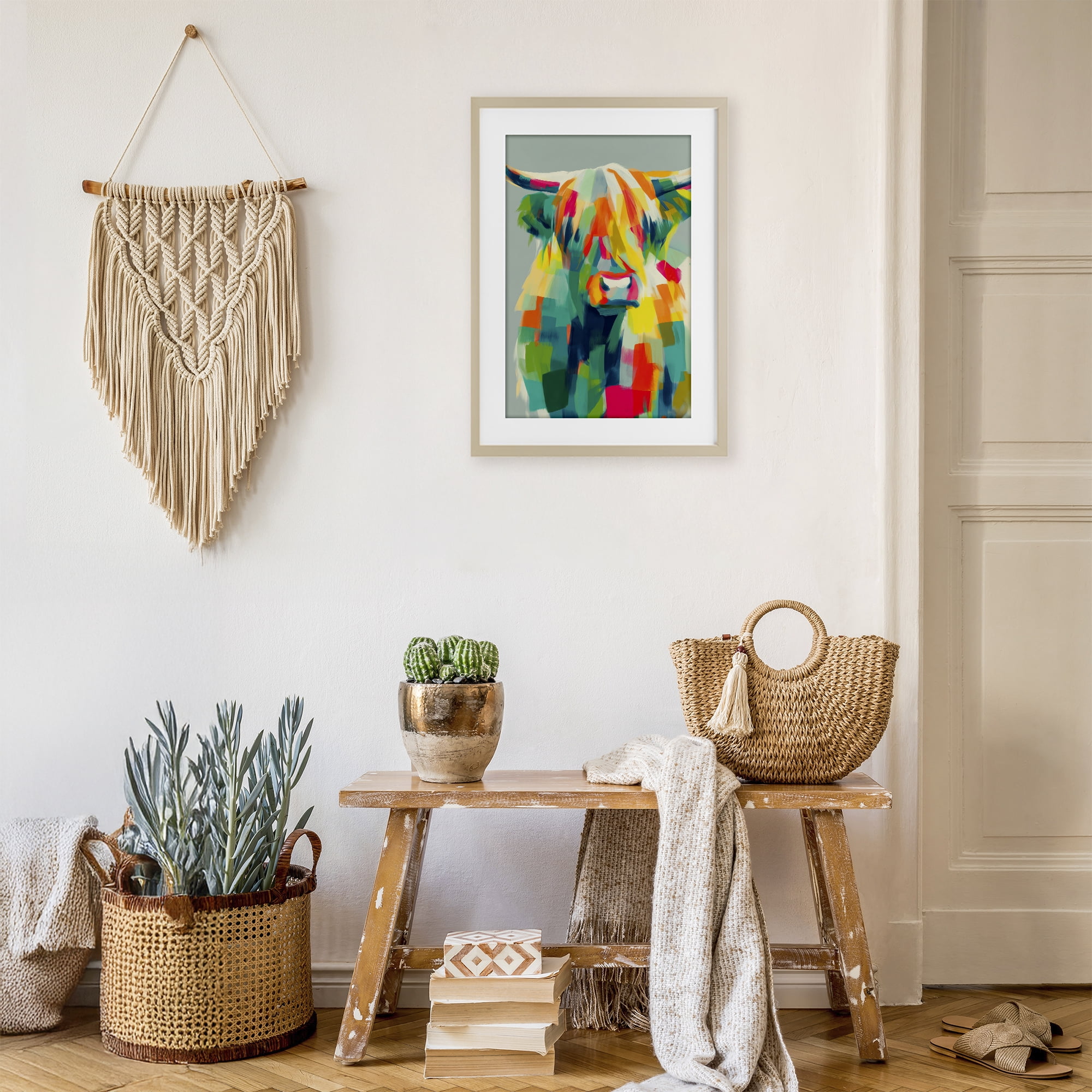 Stupell Industries Highland Cow Abstract Patchwork Birch Framed Print Under Glass, design by Chromatic Storm Studio