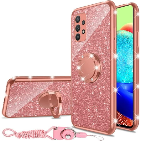 nancheng for Samsung Galaxy A53 5G Phone Case Girls Women Cute Glitter Soft TPU Case with Ring Stand Strap Lanyard Shockproof Protective Cover - Rose Gold