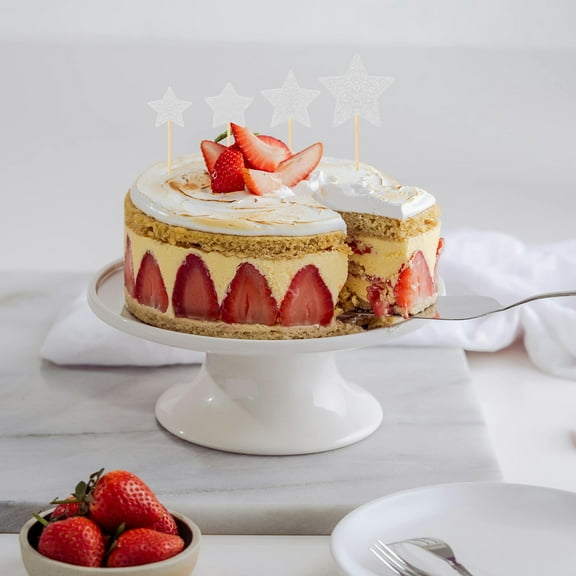 IBASETOY Glittering Silver Star Cupcake Toppers with Bamboo Sticks for Decorative Cake Ornaments Party Dessert 1 Set