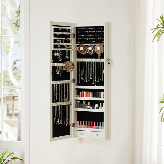 CONCETTA 47" Full-Length Mirror Jewelry Cabinet with 6 Auto LED Lights, Wall-Mounted/Door-Hanging Storage Organizer