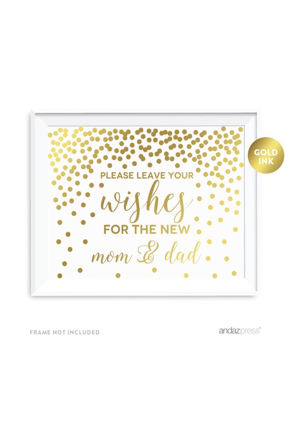 Metallic Gold Confetti Polka Dots 8.5x11-inch Party Sign, Please Leave Your Wishes for the New Mom & Dad Sign, Unframed