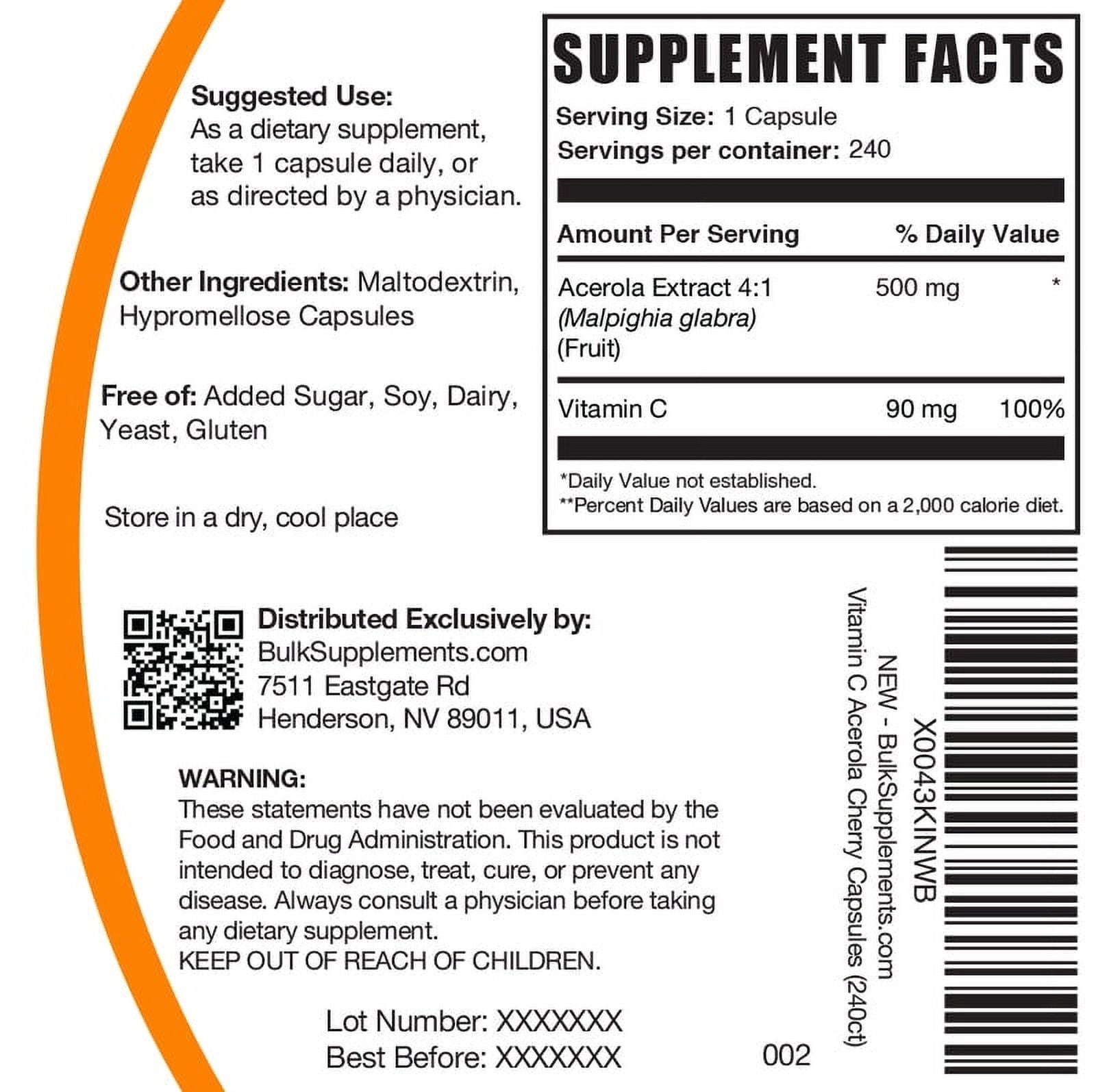 BulkSupplements Vitamin C from Acerola Capsules - Vegan, 90mg of Vitamin C per Serving (240 Capsules - 240 Servings)