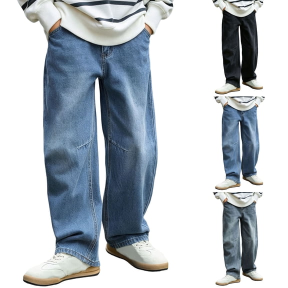 Frostluinai Kids Barrel Jeans 5-15Y Distressed Washed Streetwear Denim Pants Elastic Waist Baggy Wide Leg Balloon Curved Jean with Pocket for Boy Girl