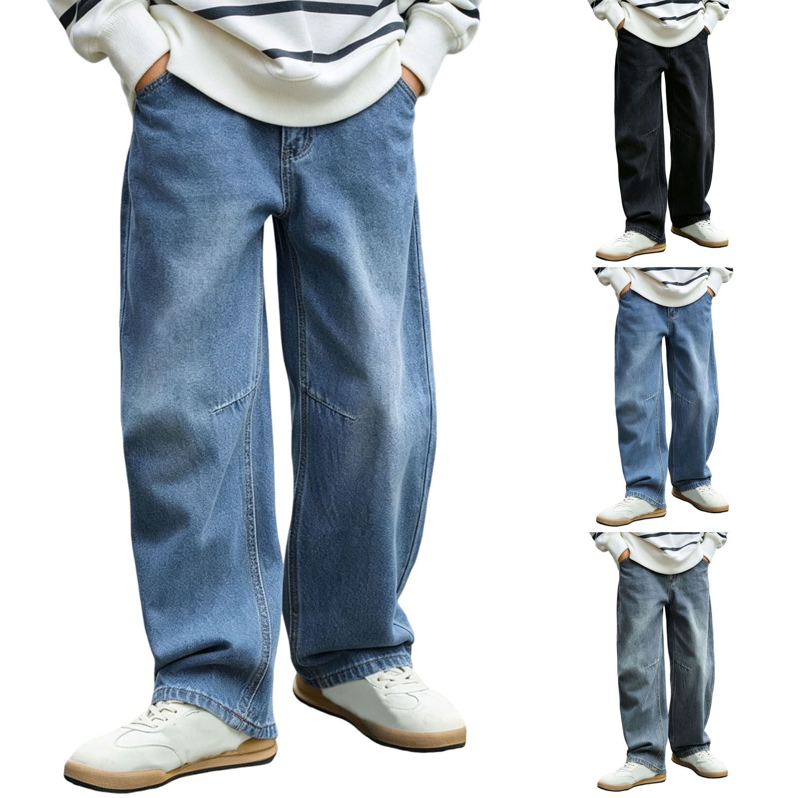 WAVSUF Straight Jeans for Boys Soft Stretch High Waist Lightweight Spring Casual Denim Pants Blue 14-16