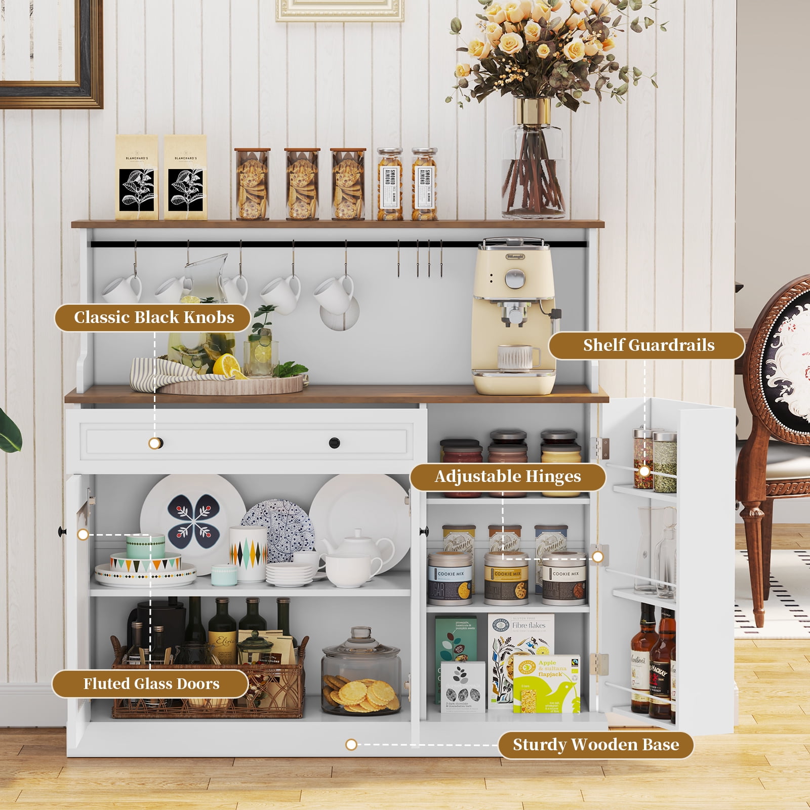 CBJCBJ 48“ Modern Wood Kitchen Pantry Cabinet with Coffee Bar, Drawer & Microwave Stand,White