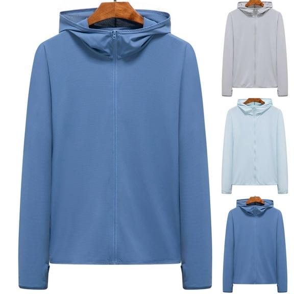 Xfvqtps Mens Light Jacket Sun Protection UPF50  Long Sleeve with Thumb Hole Full Zip up Hoodie Solid Color Fishing Hiking Athletic Running Elastic Lightweight Breathable Summer Top Dark Blue