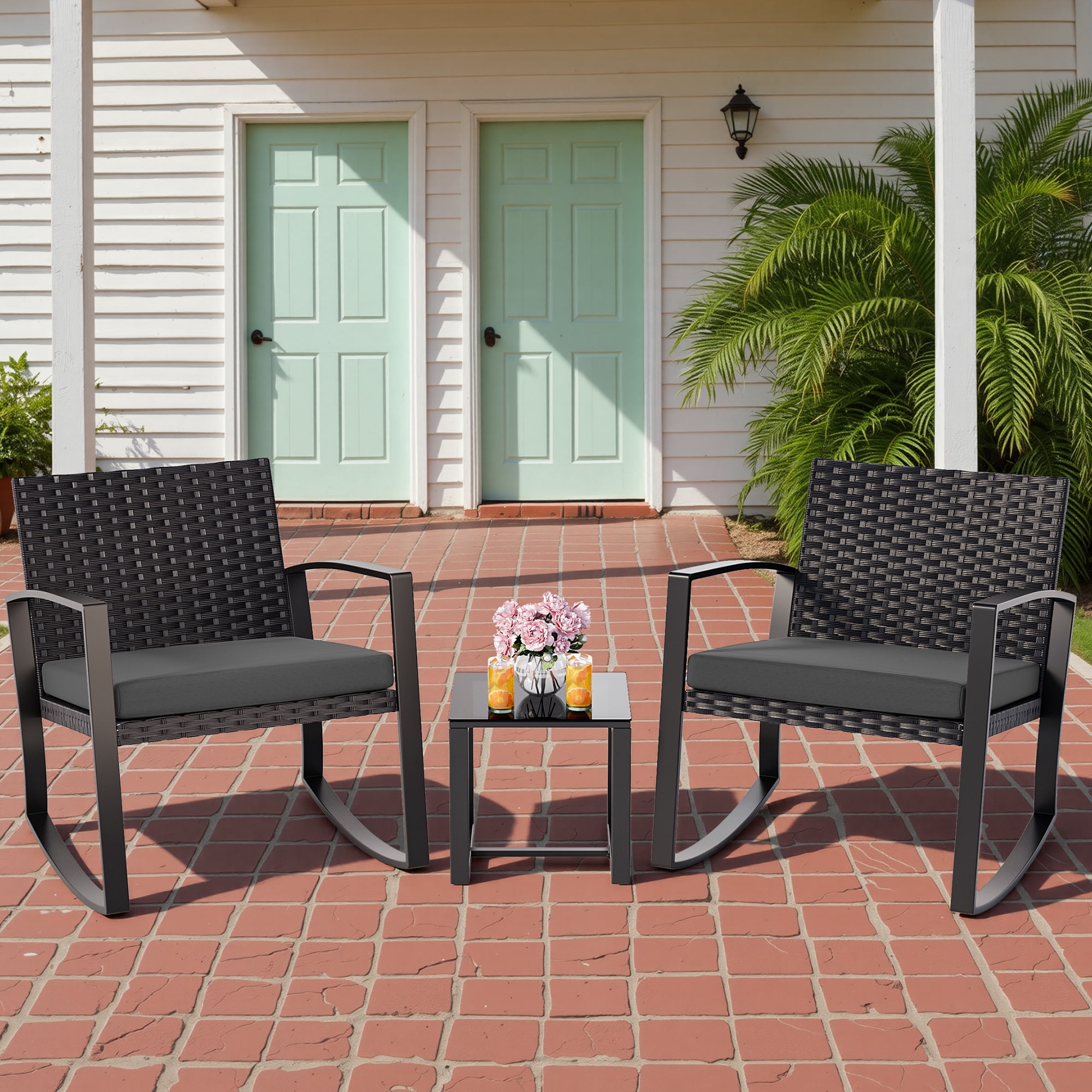 Lofka 3-Piece Patio Furniture Set Clearance with Tempered Glass Coffee Table and Rattan Rocking Chairs for Outdoor, Porch & Balcony, Black