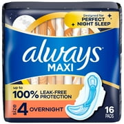 Always Maxi Overnight Pads with Wings, Size 4, Overnight, 16 Count