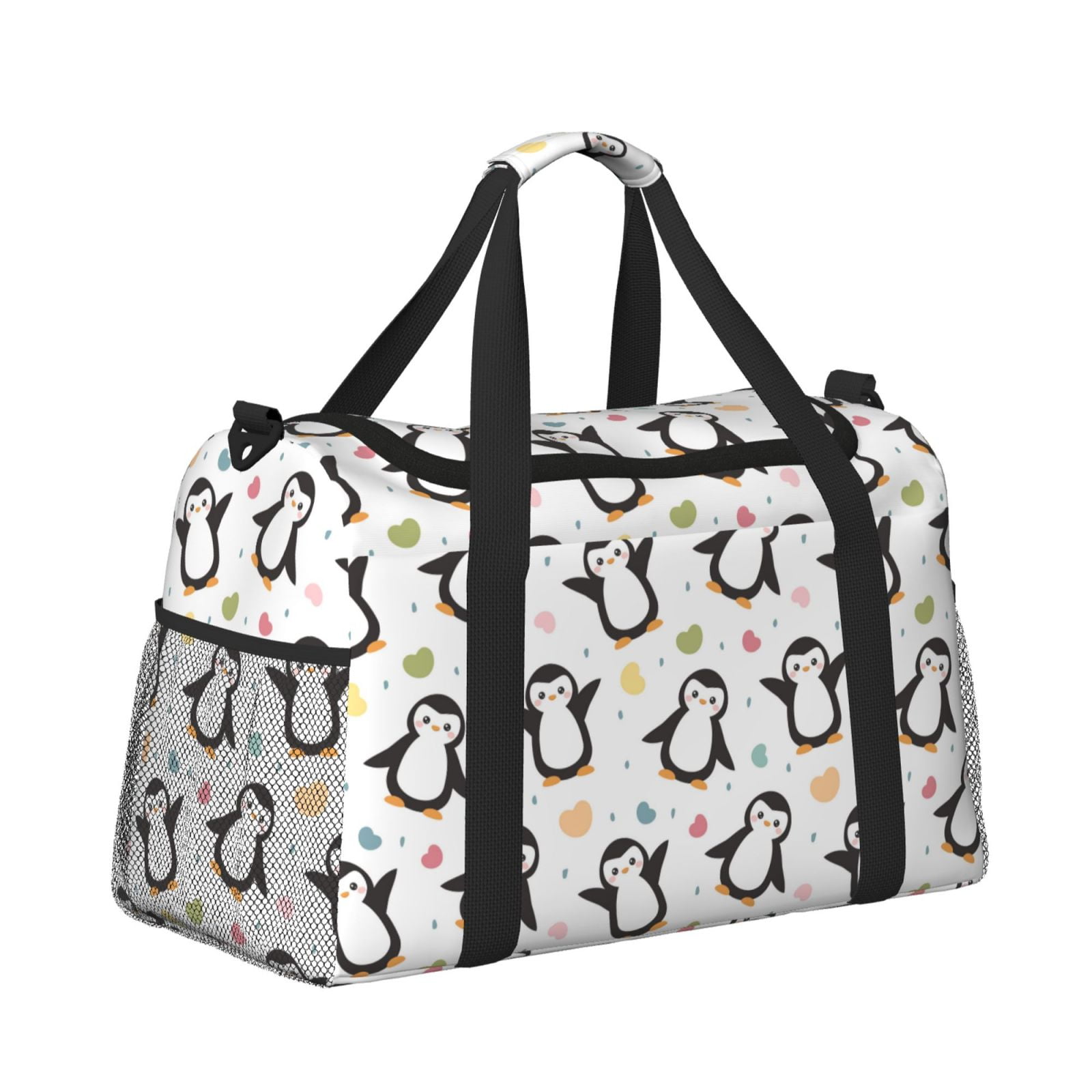 Kdxio Colorful Hearts Penguin Travel Duffel Bag Gym Bag Weekender Travel Bag Gym Bag for Women &Men Airplane Travel Essentials for Flying