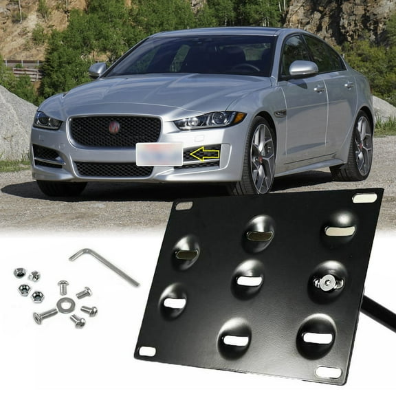 Xotic Tech Set Black Front Bumper Tow Hook License Plate Mount Bracket Relocator Kit for Jaguar XF 2009-up, Jaguar XE 2017-up - No Drill