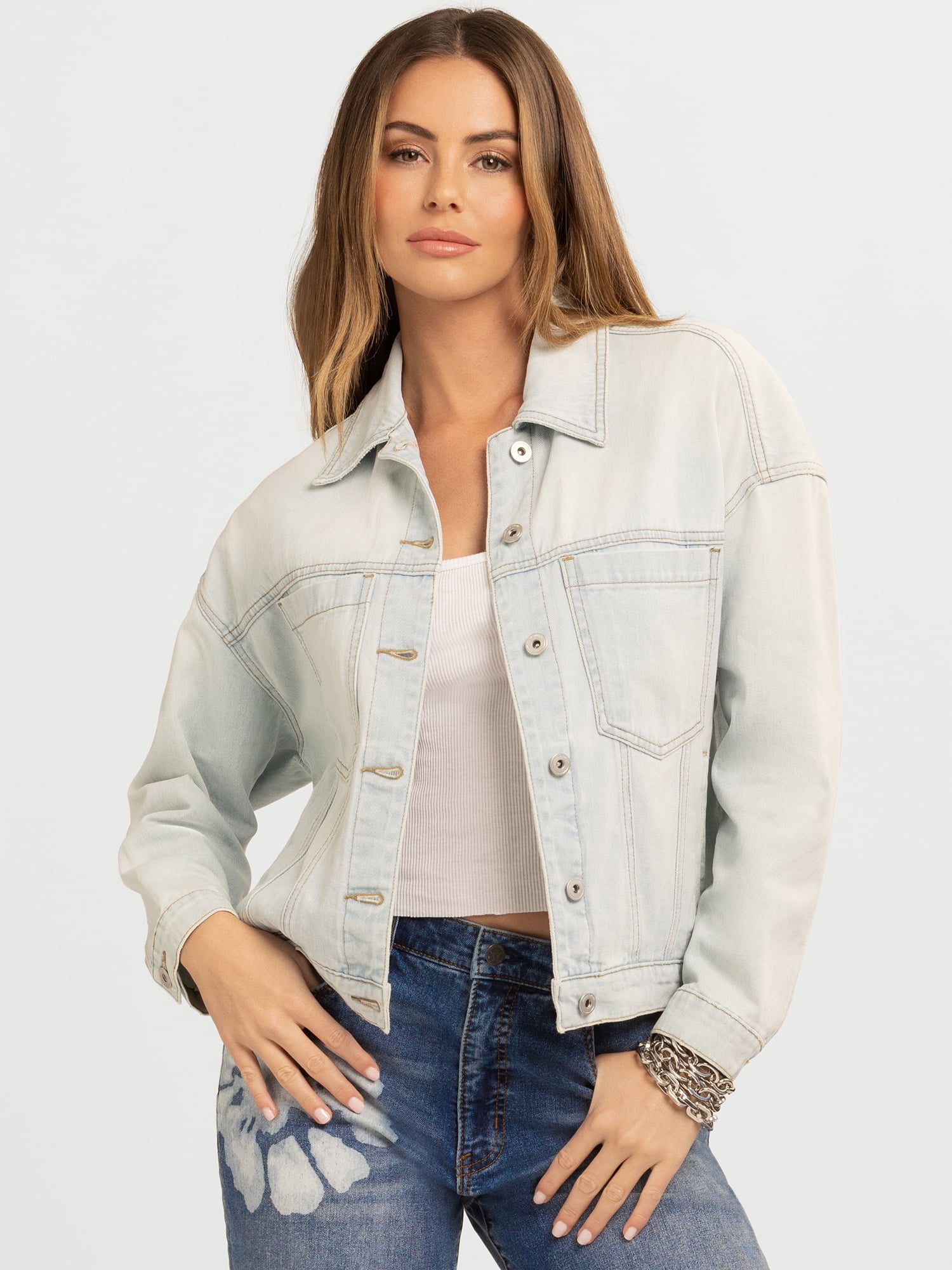 Jessica Simpson Women's Denim Moto Jacket with Faux Fur Collar