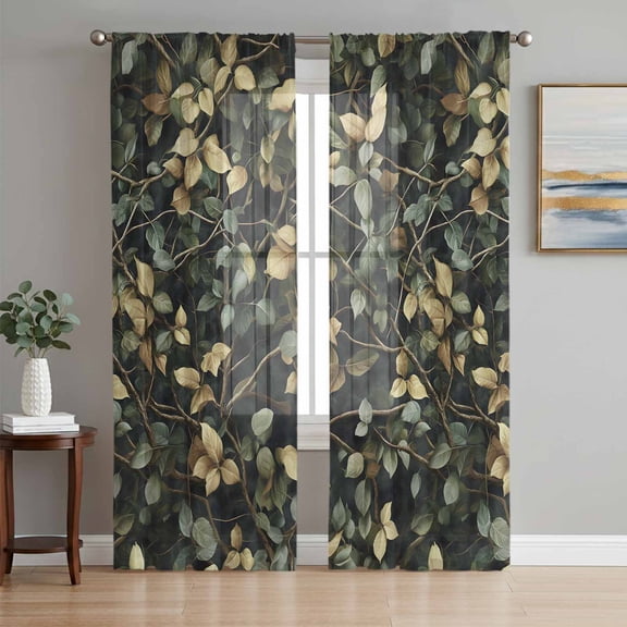 Branches Green Leaves Sheer Curtains 96 Inch Length 2 Panels Set, Vintage Botanical Forest Voile Window Treatment Semi Sheer Long Curtains Drapes for Bedroom/Living Room/Kitchen 52"x96"x2