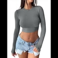 thumbnail image 1 of Tops Cortos de Larga para Mujer 2025 - Camisetas Básicas de Cuello Redondo y Corte Entallado para Otoño Gris Oscuro XXL, 1 of 8