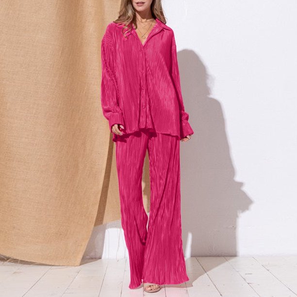 Blusa Mangas Largas Conjunto de pantalones y top con cuello vuelto para mujer, trajes casuales para mujer (rosa rojo M) Ygjytge Rosa roja T M para Mujer