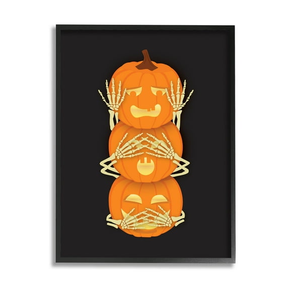 Stupell Industries Hear See Speak No Evil Pumpkins Graphic Art Black Framed Art Print Wall Art, Design by Linda Birtel