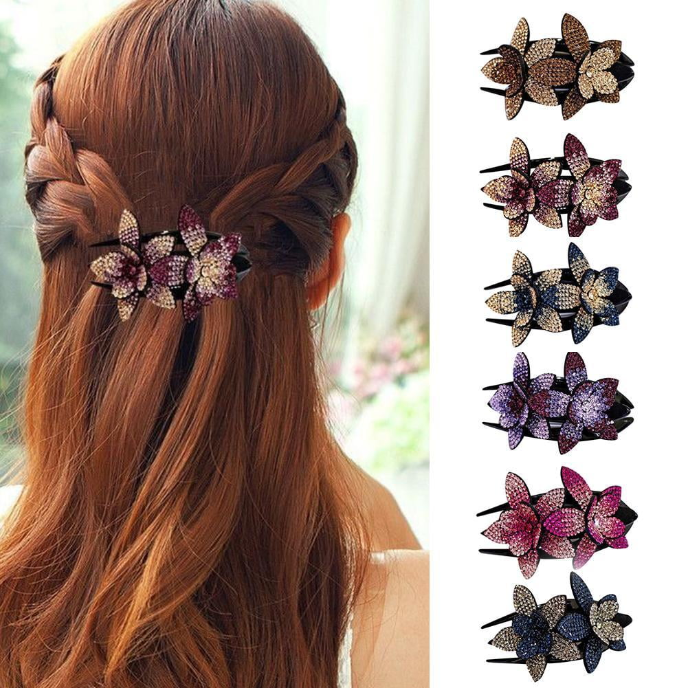 Women Rhinestone Double Flower Hair Clips Shinning Crystal Drills Duckbill Hair Claws Elegant Hair Combs Hairgrip Headwear Hair B7F2