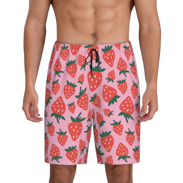 Balery Cartoon Strawberry Pantalones cortos de pijama de punto de algodón para hombre con cinturilla y bolsillos-Medium