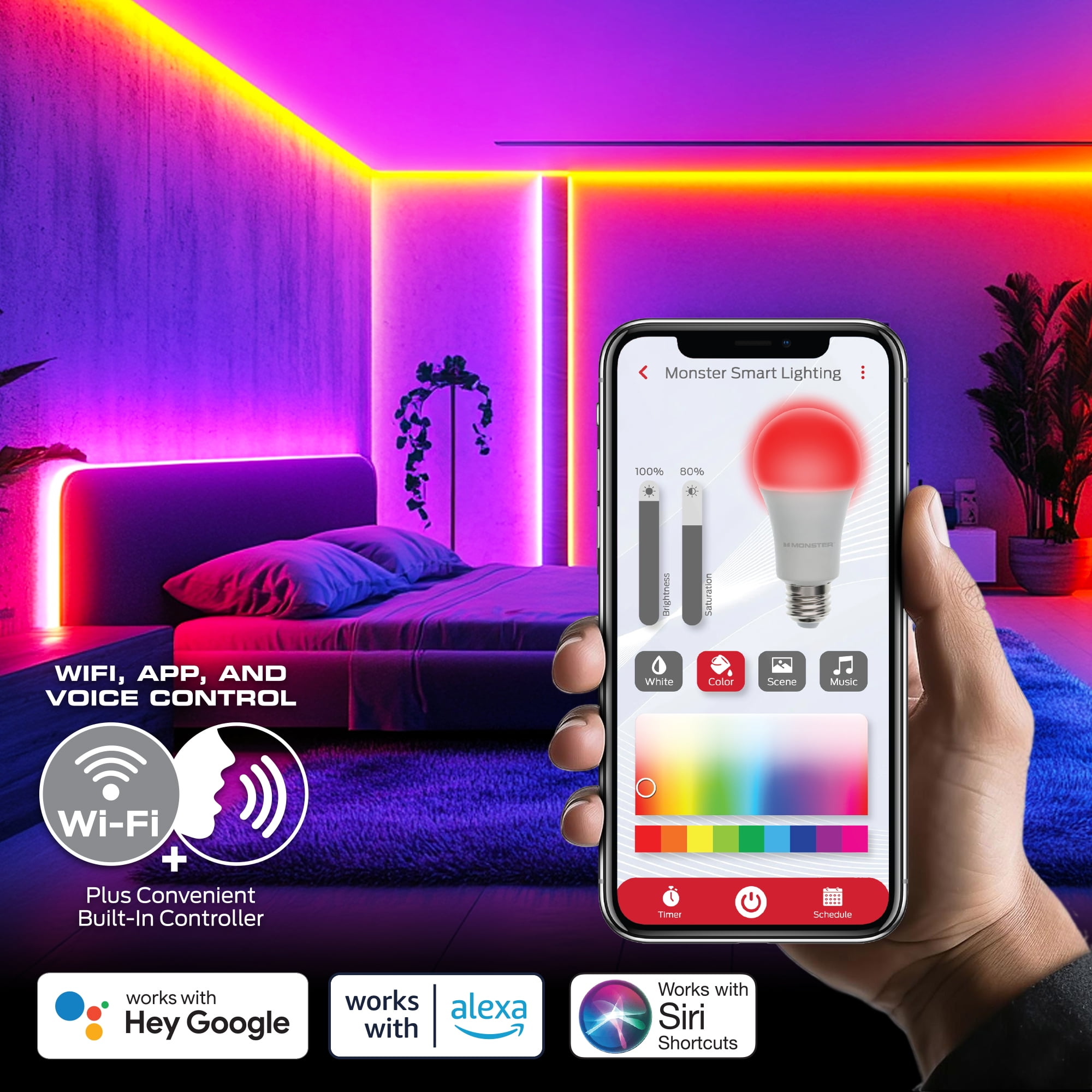 Monster Smart 100ft Indoor Multi-Color Flow LED Light Strip, Sound Reactive, Razer, Corded Electric
