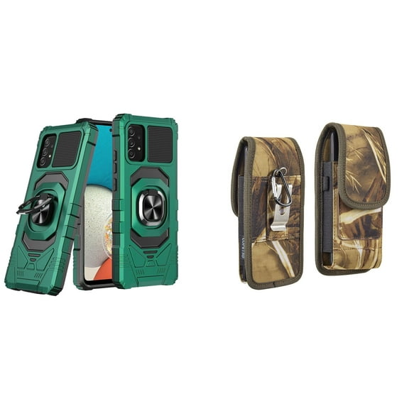 Case with Belt Holster Bundle for Samsung Galaxy A53 5G: Heavy Duty Shield Cover (Midnight Green) and Vertical Rugged Nylon Phone Pouch (Camo)