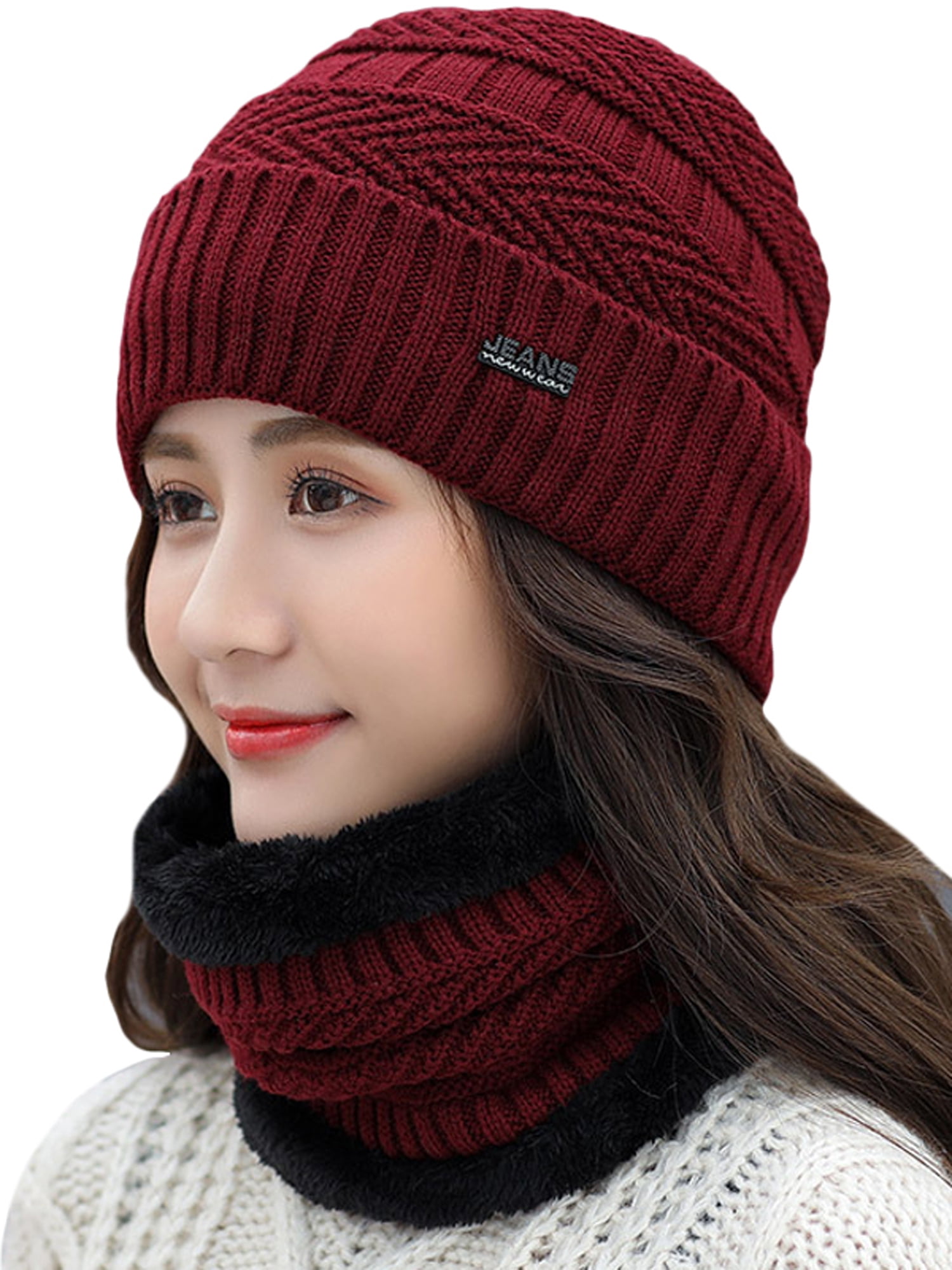 HANQITA Womens Knit Beanie Hat Scarf Neck Set Slouchy Crochet Caps Wine
