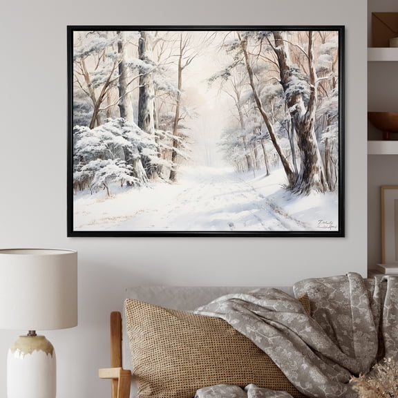 Designart "Snowy Forest Whispers" Snow Floater Framed Wall Art Living Room