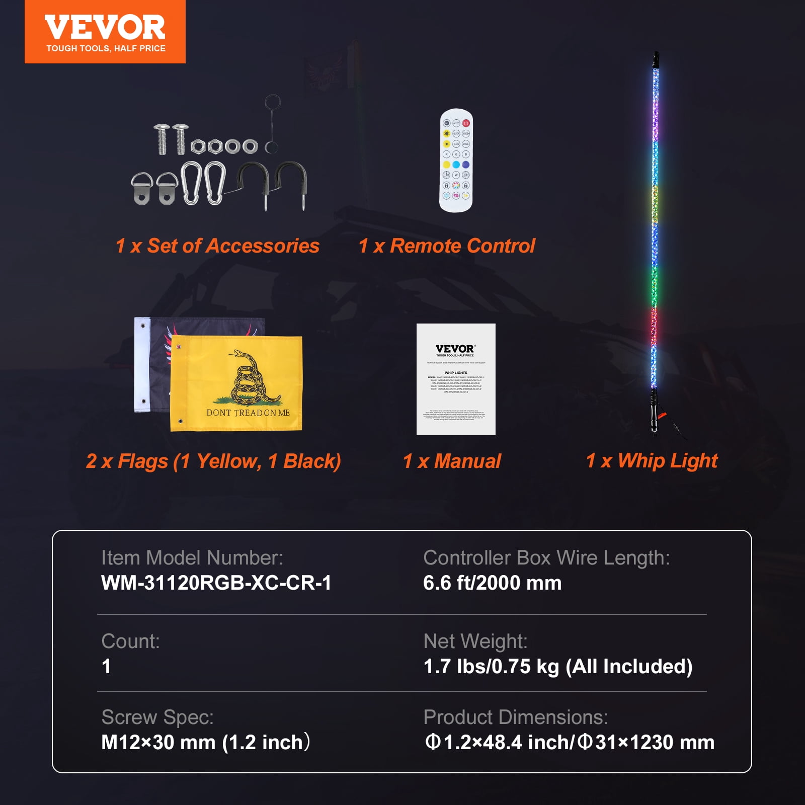 VEVOR 1 PC 4 FT Whip Light, APP & RF Remote Control Led Whip Light, Waterproof 360° Spiral RGB Chasing Lighted Whips with 2 Flags, for UTVs, ATVs, Motorcycles, RZR, Can-am, Trucks, Off-road, Go-karts