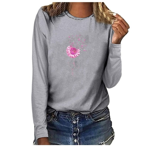 IROINNID Discount Breast Cancer Pullover for Women Breast Cancer Awareness Casual O-Neck Printing Loose Long Sleeve Tops,Gray