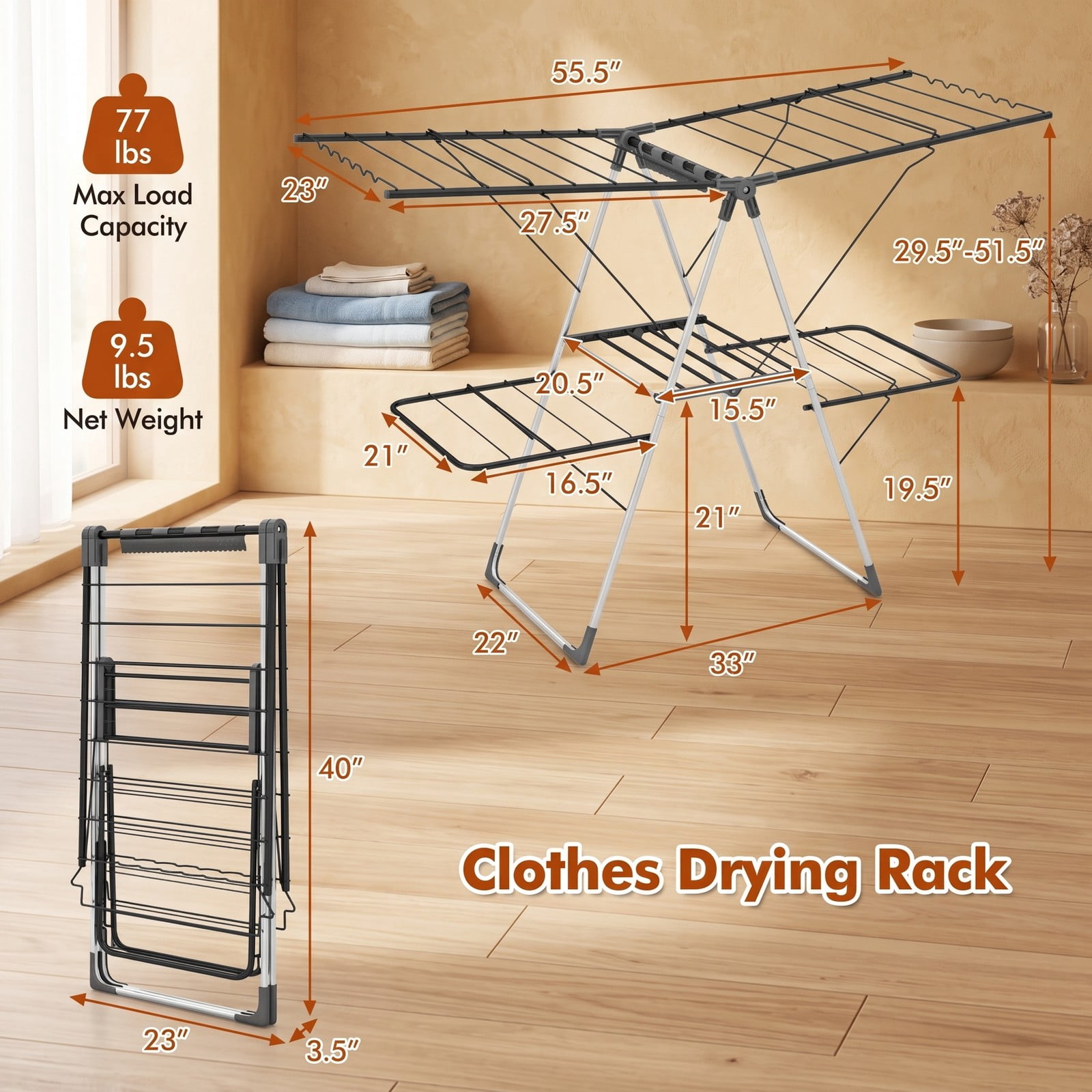 ALPULON 2-Tier Clothes Drying Rack with 33 Drying Rails, Height Adjustable Gullwing Laundry Drying Stand, Foldable Stainless Steel Garment Airer for, Silver & Gray
