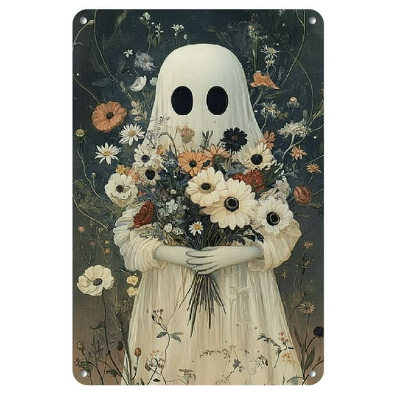 An 8x12 inch wall art decoration suitable for home rooms or Halloween events, Ghost Flower bouquet vintage metal painting card - iron material, waterproof and weatherproof decoration