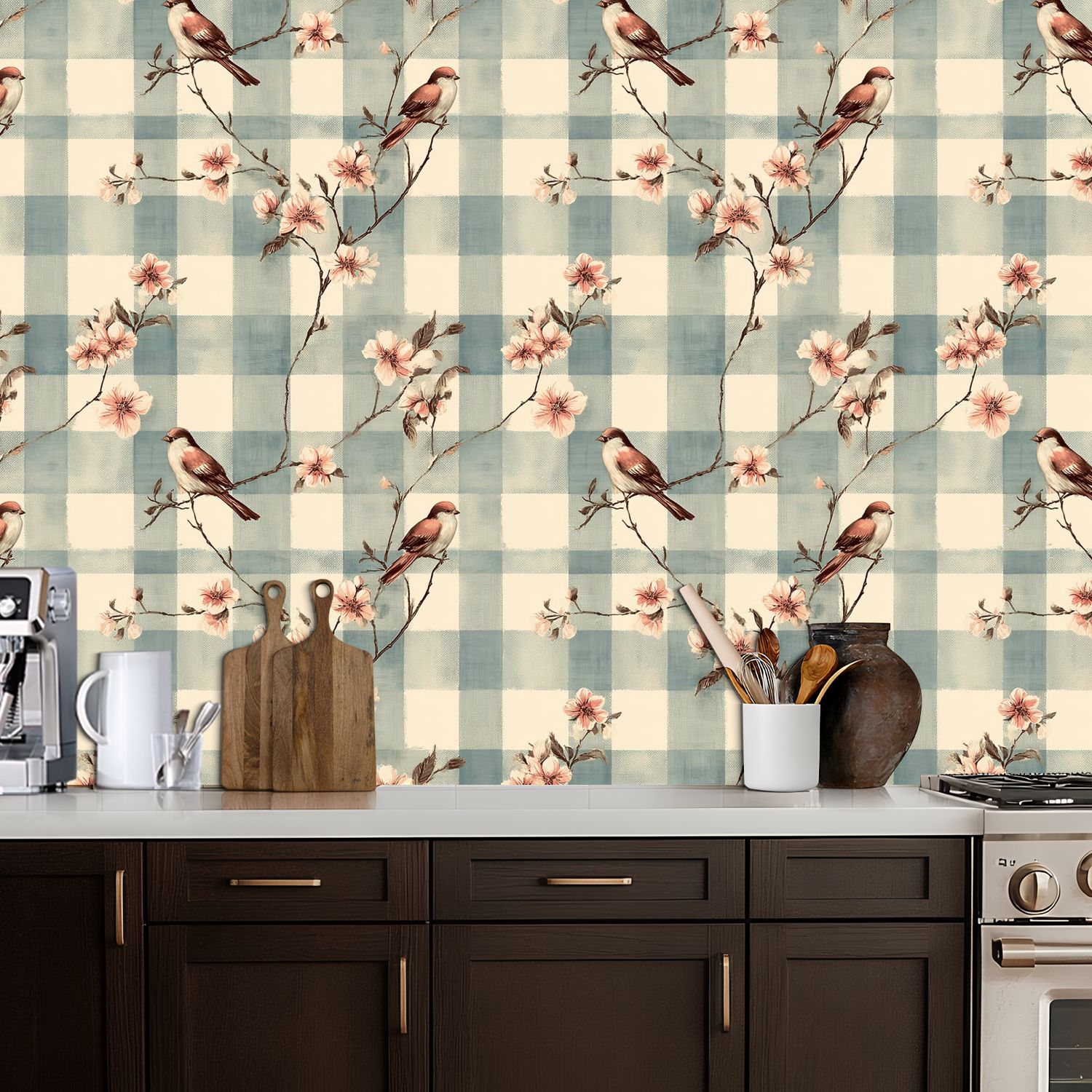 Peel and Stick Wallpaper Vintage Birds Floral Branches Blue White Checkered Wall Mural 17.7in x 9.8ft Self Adhesive Removable Wall Paper Renter Friendly Wallpaper for Nursery Bedroom Cabinets