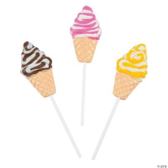 Ice Cream Cone-Shaped Lollipops, (12 individually wrapped), Vanilla, Chocolate and Strawberry Flavors, Party Candy Favors
