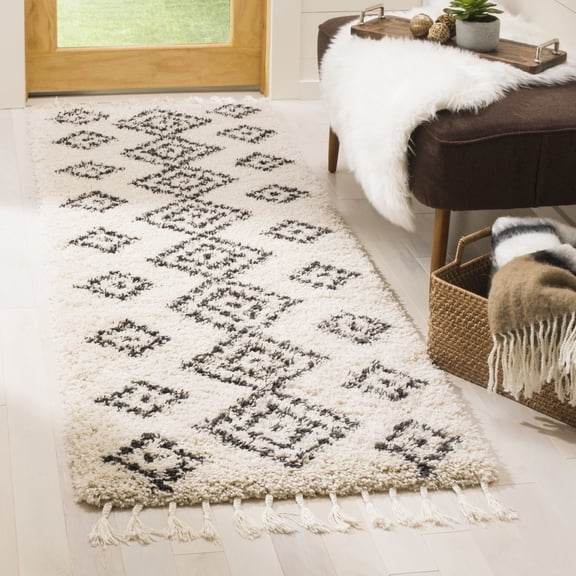 SAFAVIEH Moroccan Fringe Shag Serafim Geometric Area Rug, Cream/Charcoal, 6'7" Square