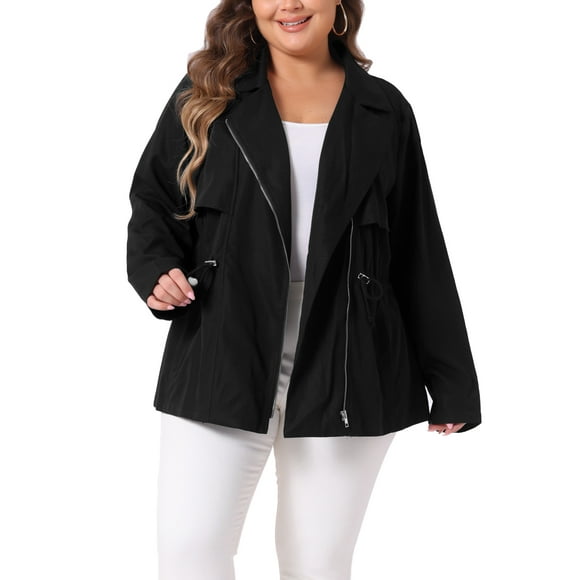 Chaqueta de moto con cuello de solapa y cintura con cordón para mujer de tallas grandes Agnes Orinda 2X negra