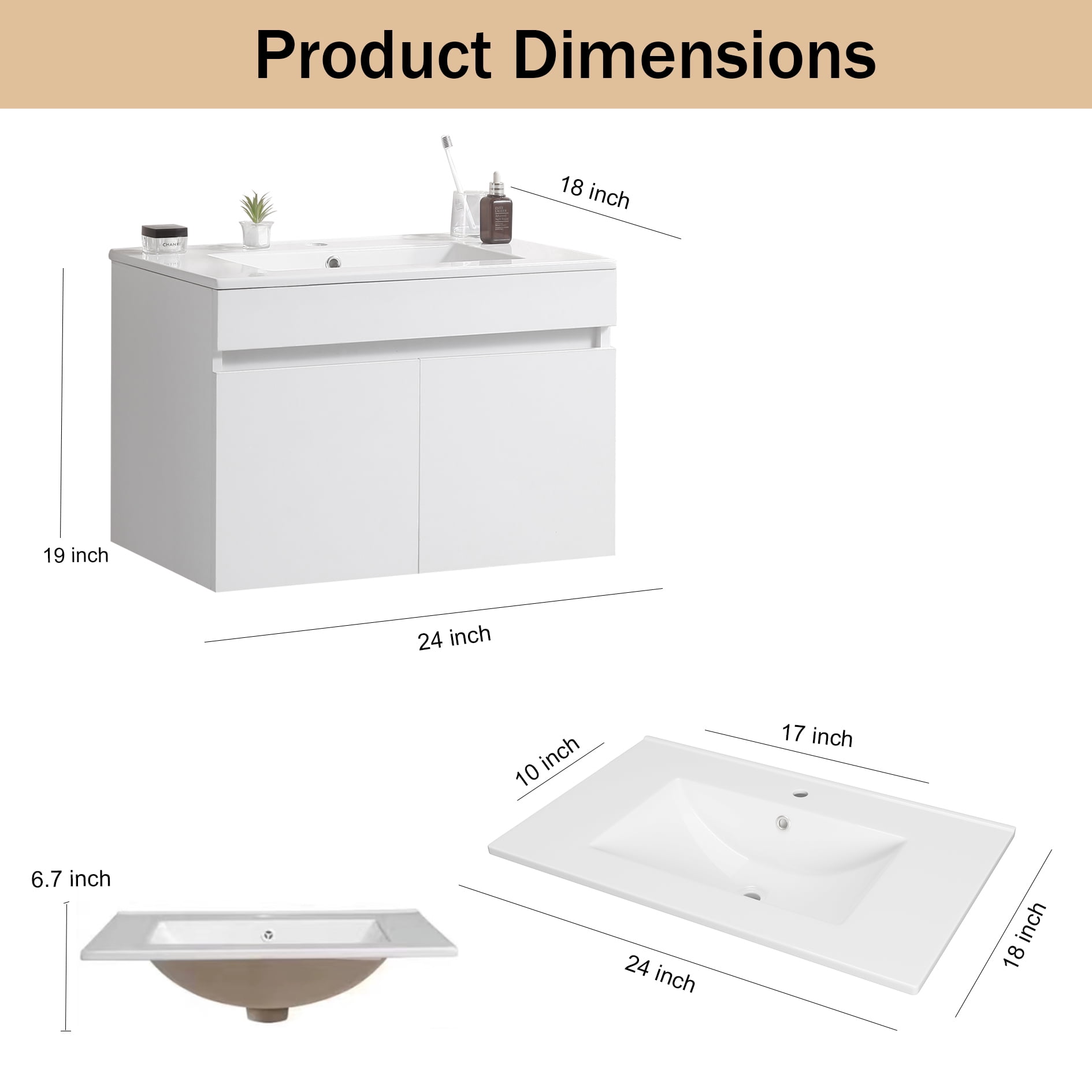 KYLE & KAY 24 inch Modern Wall-Mounted Bathroom Sink Cabinet, Floating Bathroom Vanity with Storage and Two Soft Close Doors,with Sink, Faucet Not Included,Solid Wood, White.