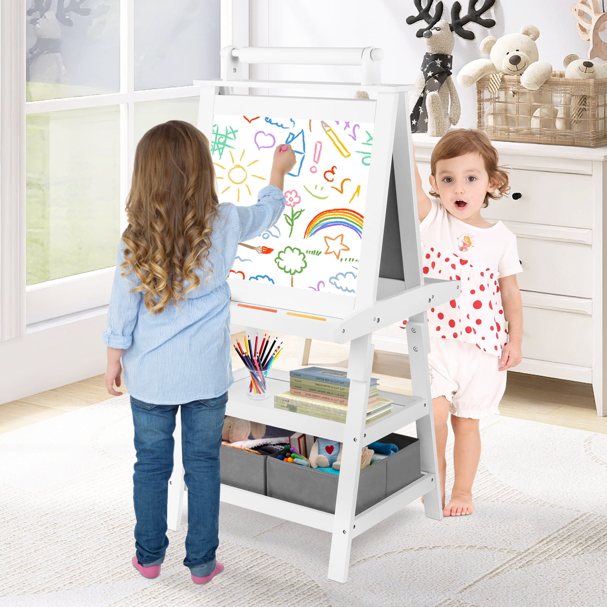 LINLUX 3 in 1 Kids Art Easel Drawing Board Double-Sided Whiteboard Chalkboard, White