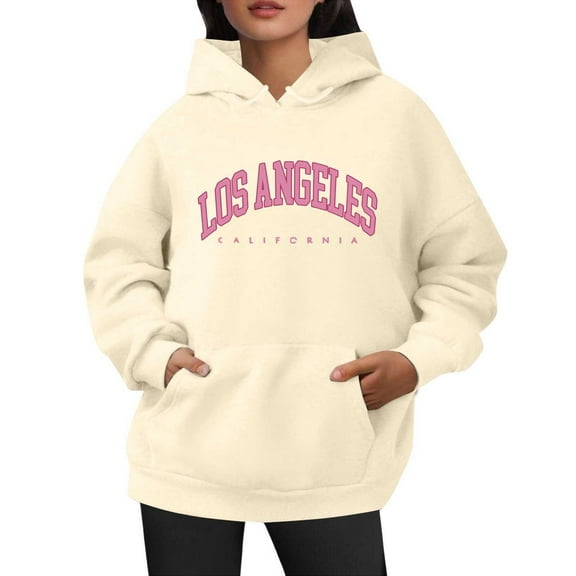 XIAONU Womens Hoodies Retro Letter Print Drawstring Hooded Sweatshirt With Kangaroo Pocket Drawstring Long Sleeve Fleece Lined Pullover Hoodie