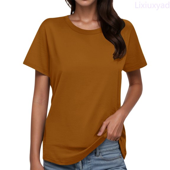 Lixiuxyad Women's Fashion Round Neck Plus Size Short Sleeved Solid Color T Shirt Top Casual Summer,Brown L