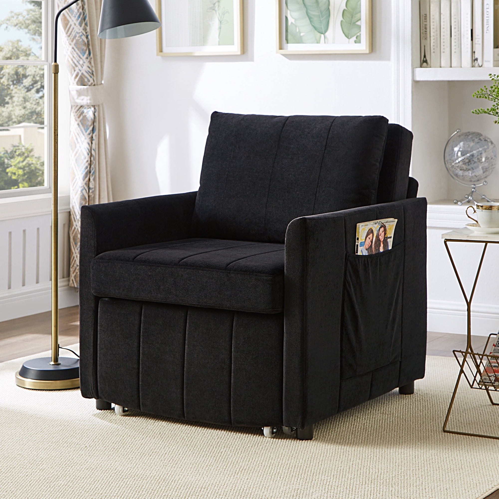 Convertible Sleeper Chair Bed, 31.5" Upholstered Pull Out Sofa Bed with 5-Position Adjustable Backrest, Fold Out Chair Bed for Living Room, Apartment, Black