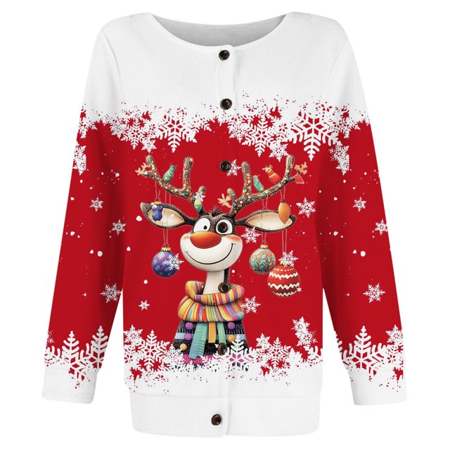 Fgnfyis Cardigan de Noël Décontracté Mode pour Femmes Automne Hiver Imprimé à Boutons Imitation Chandail Cardigan Veste Rouge P