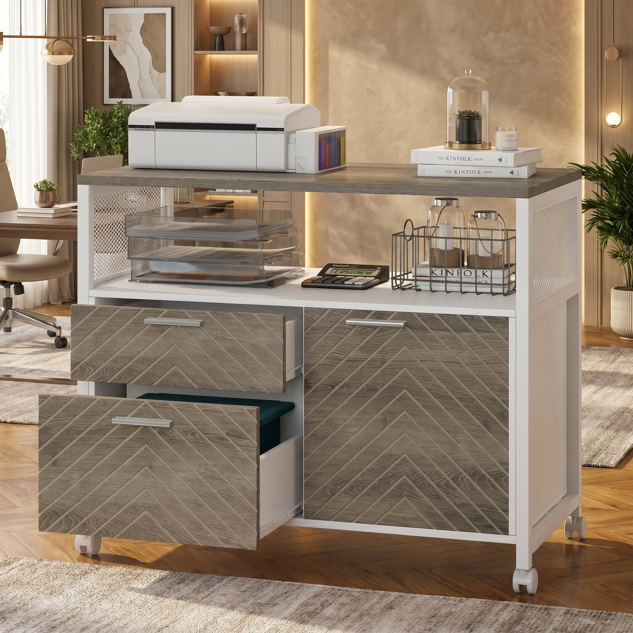 Fnova Modern File Cabinet with Drawers for Letter-Sized File and Door, lateral Filing Cabinet Printer Stand with Storage Shelves and with Rolling Caster for Home Office, Oka